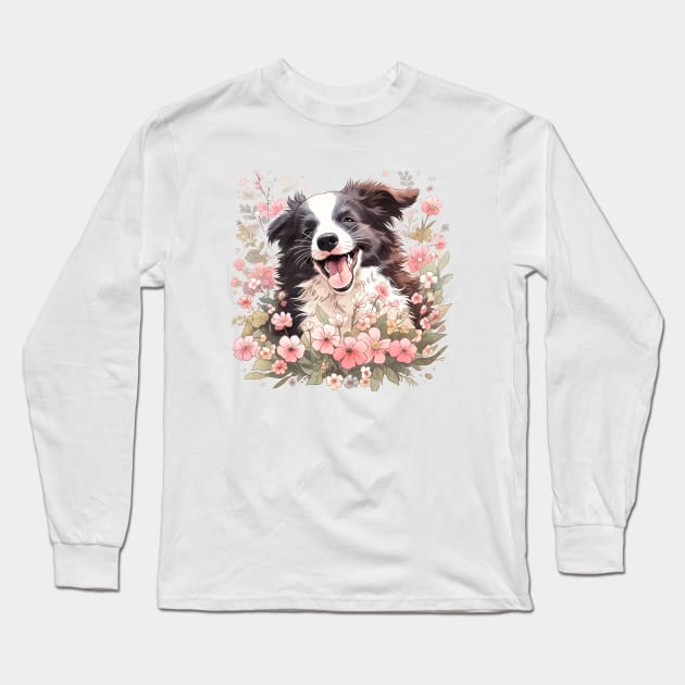 Floral Bliss Border Collie Long Sleeve T-Shirt by CleverboyDsgns